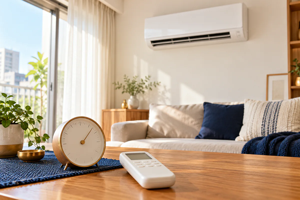 冷氣、遙控器及室內觀察工具的情境示意，並非冷房能力檢測結果。
