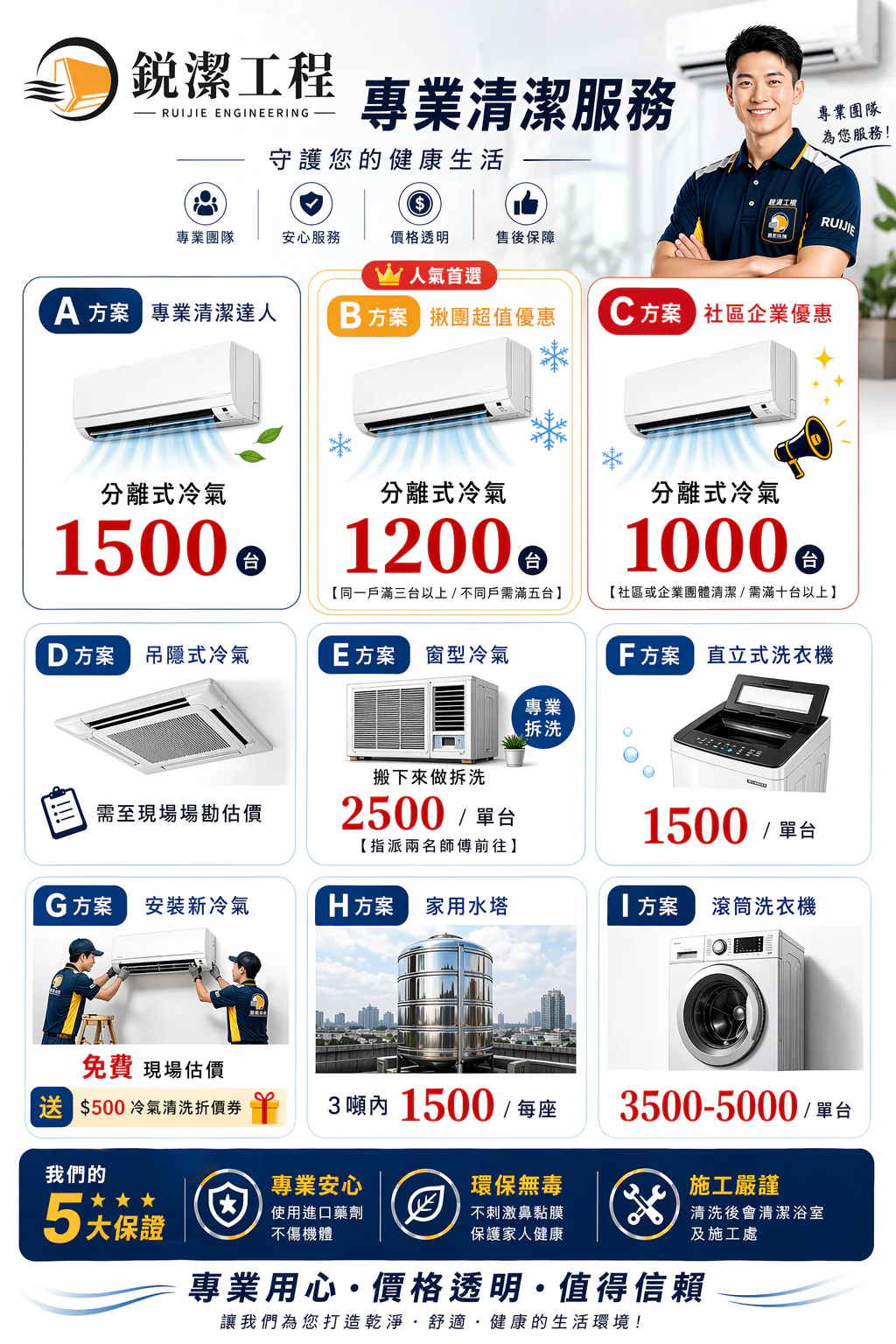 鋭潔完整價目表，包含冷氣、洗衣機、水塔及新冷氣安裝服務