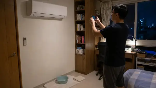 台灣住戶面對冷氣滴水時先關機並拍照記錄的情境示意