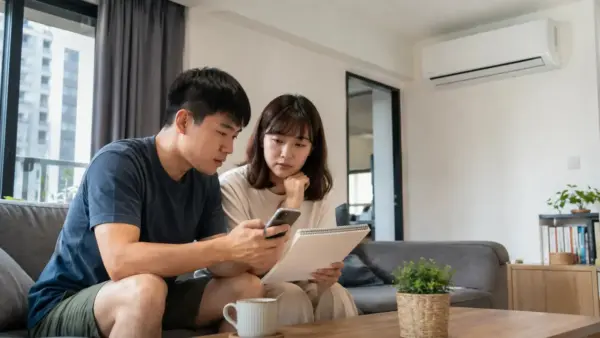 台灣住戶比較冷氣清洗服務與施工資訊的情境示意