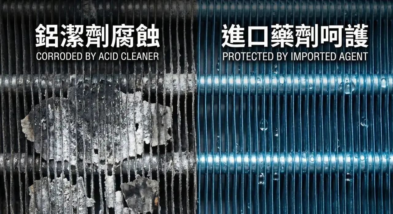 台中冷氣清洗推薦-拒絕使用鋁潔劑腐蝕-進口藥劑保護鰭片對比圖
