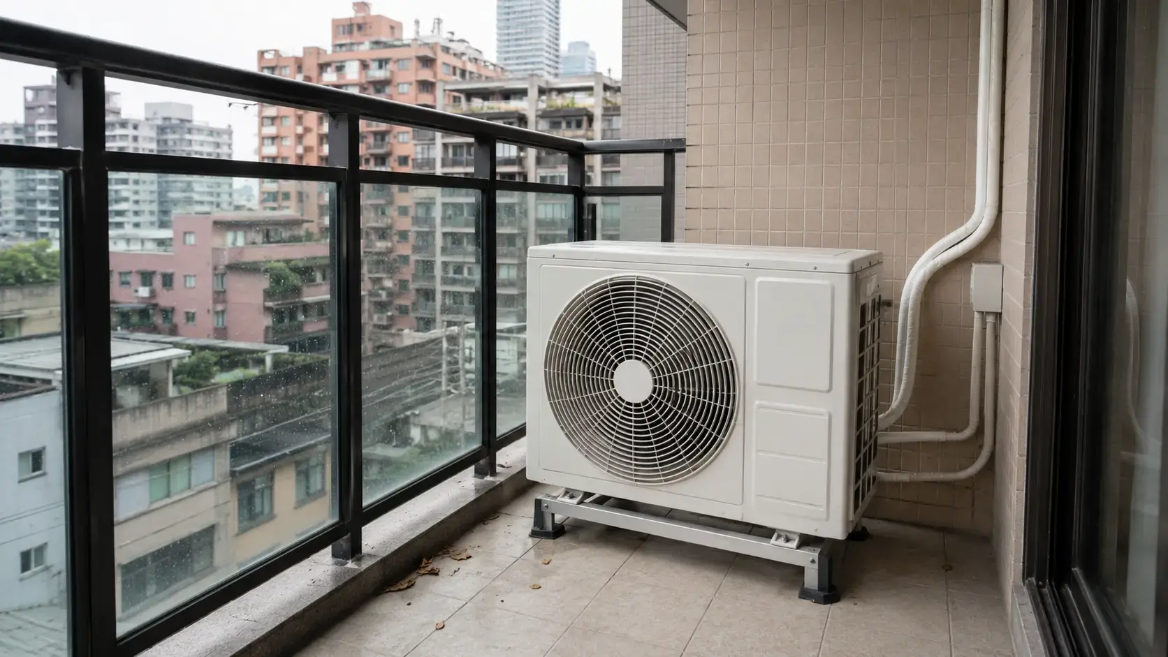 台灣住宅安全陽台上的分離式冷氣室外機
