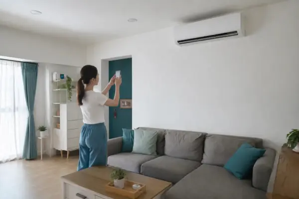 屋主預約冷氣清洗前拍攝壁掛冷氣與下方家具環境照片
