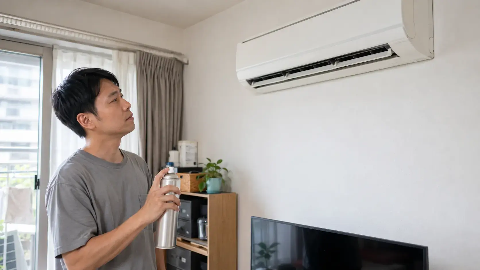 住戶拿著無標示冷氣清潔噴霧但尚未噴灑,先觀察室內機